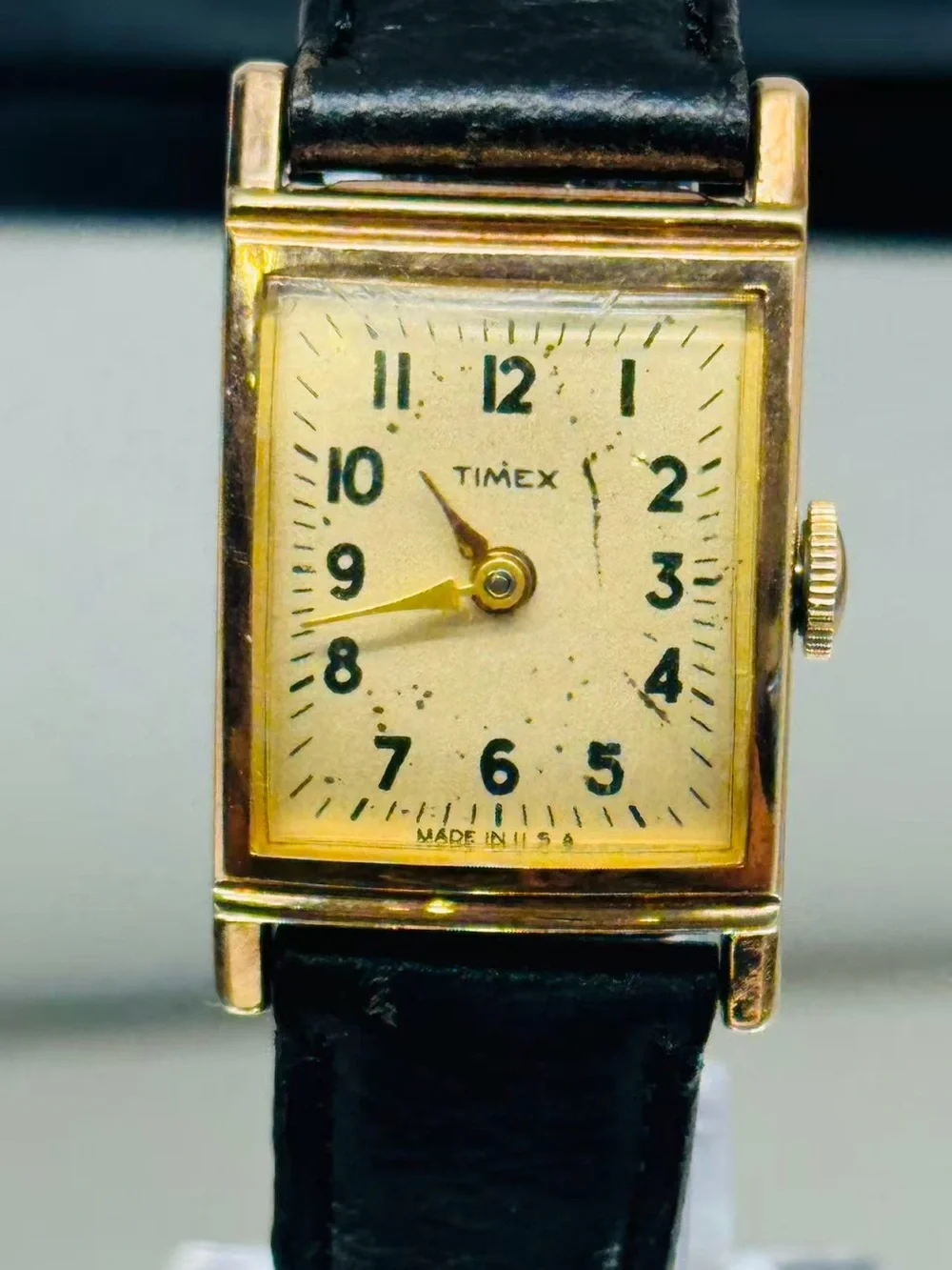 Vintage Timex Ladies Manual Wind Gold Tone Rectangular Watch Black Strap Running